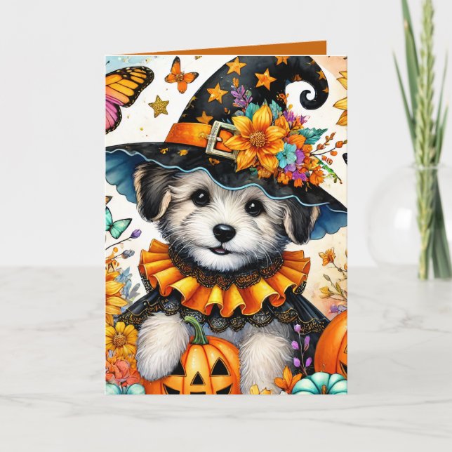 Feliz Halloween Cachorro Maltés Bruja Tarjeta de H (Anverso)
