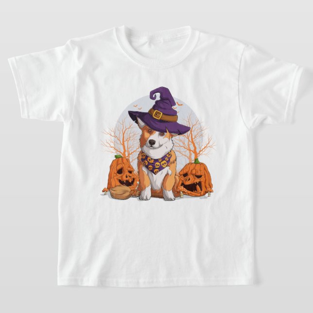 Feliz Halloween | Camiseta Corgi Witch Puppy Dog (Distribución)