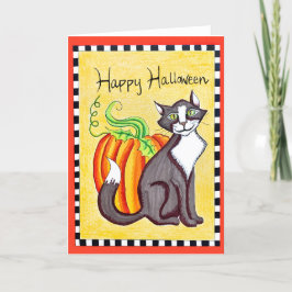 Feliz Halloween Cat y tarjeta de saludo de calabaz