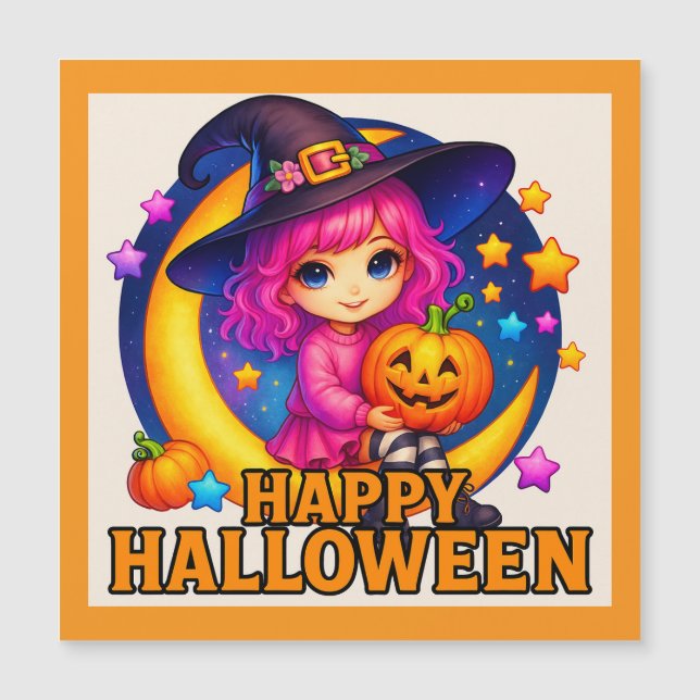 Feliz Halloween Cute Moon Witch Magnet Card (Anverso)