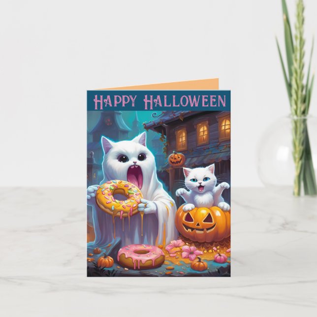 Feliz Halloween -Gatito y fantasma comen Donuts (Anverso)