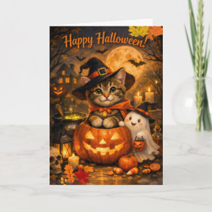 Feliz Halloween Gatito y Tarjeta de Fantasma • Lin