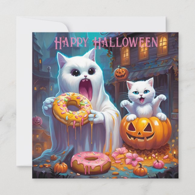 Feliz Halloween: gatitos y gatitos comen donuts (Anverso)