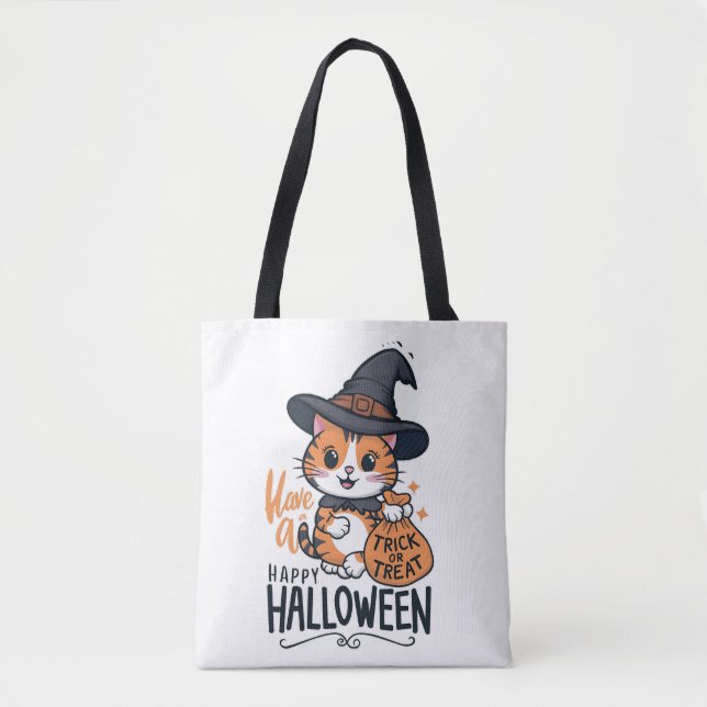 Feliz Halloween - Gato lindo con truco o bolsa de  (Anverso)