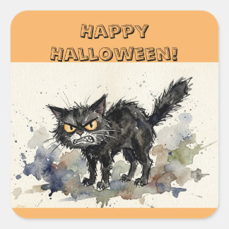Feliz Halloween Gato Negro Pegatinas Cuadradas