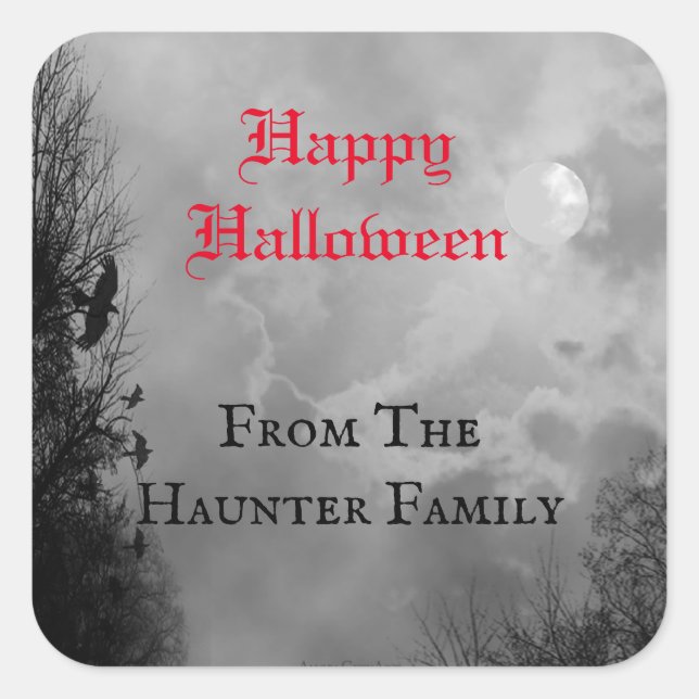 Feliz Halloween Luna Llena y Cuervo Pegatina Perso (Anverso)