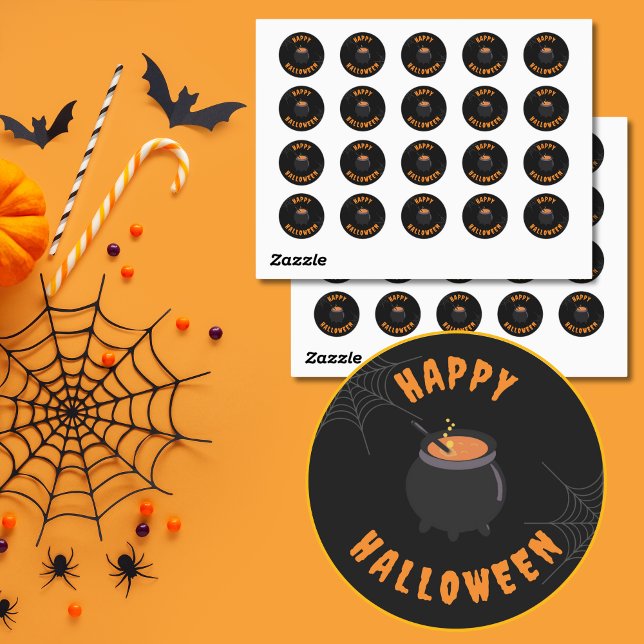 Feliz Halloween: Pegatinas redondos negros y Naran (Black & Orange Halloween Cauldron Stickers.)