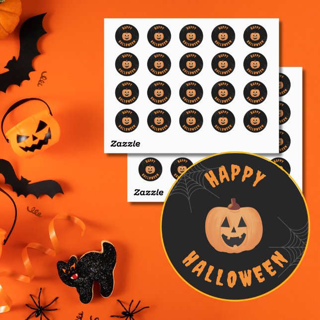 Feliz Halloween: Pegatinas redondos negros y Naran (Black & Orange Halloween Pumpkin Stickers.)