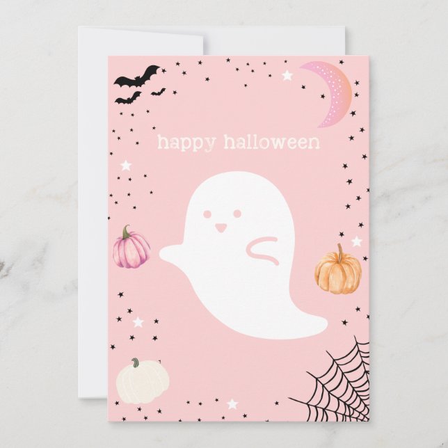 Feliz Halloween Pink Cute Ghost Card (Anverso)
