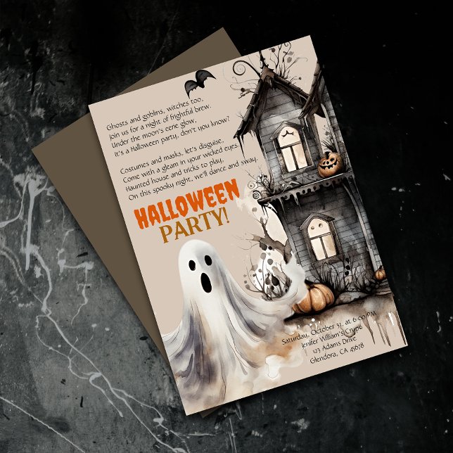 Feliz Halloween Spooky Fantasma Fiesta Invitación  (Elevate your upcoming event with uniquely designed Halloween invitations featuring a spooky poem!)
