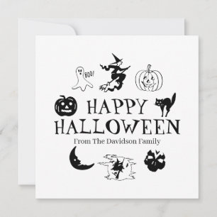 Feliz Halloween, tarjeta blanca negra
