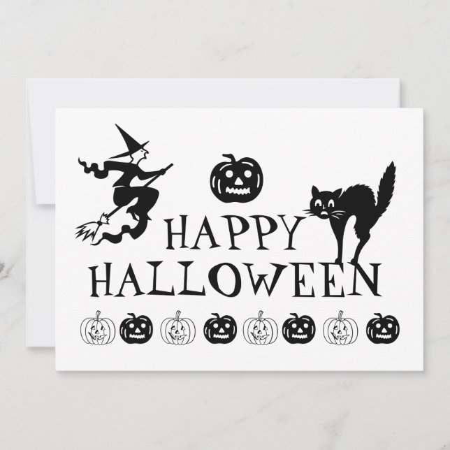 Feliz Halloween tarjeta de vacaciones negra blanca (Anverso)