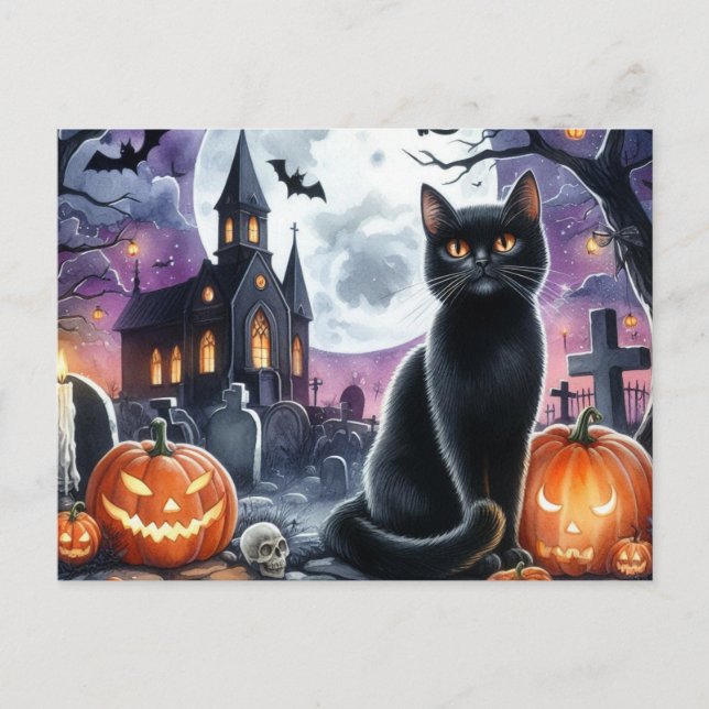 Feliz Halloween Tarjeta Postal de Gato Negro Espel (Anverso)