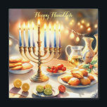 Feliz Hanukkah<br><div class="desc">Ilustracion acuático Hanukkah. Una mesa muy bien arreglada para una celebración festiva,  con una menorah tradicional con velas encendidas. La luz es suave y cálida,  mientras que la decoración de las vacaciones aporta un toque de alegría. Las luces cálidas crean un ambiente acogedor y acogedor.</div>