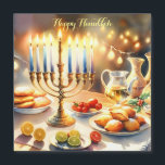 Feliz Hanukkah<br><div class="desc">Ilustracion acuático Hanukkah. Una mesa muy bien arreglada para una celebración festiva,  con una menorah tradicional con velas encendidas. La luz es suave y cálida,  mientras que la decoración de las vacaciones aporta un toque de alegría. Las luces cálidas crean un ambiente acogedor y acogedor.</div>