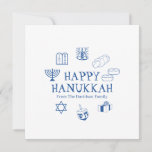 Feliz Hanukkah azul personalizado blanco tarjeta d<br><div class="desc">Feliz Hanukkah,  tarjeta de saludo con el nombre de familia del personalizar. ¡Feliz Hanukkah,  Feliz Chanukah,  Hanukkah Sameach!,  Chag Sameach!,  Chag Urim Sameach. Azul y blanco</div>