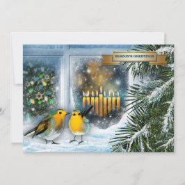 Feliz Hanukkah. Escena de nieve con tarjeta Menora