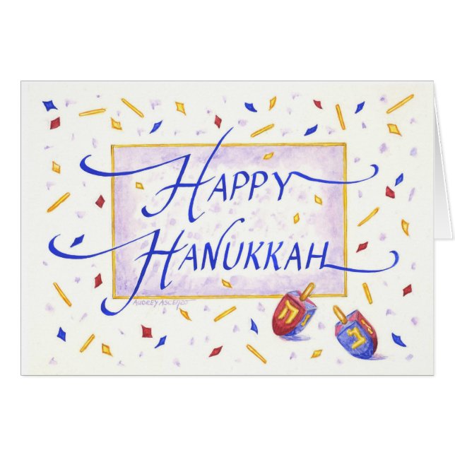 Feliz Hanukkah Festive Dreidels Tarjeta de Saludo (Anverso (Horizontal))