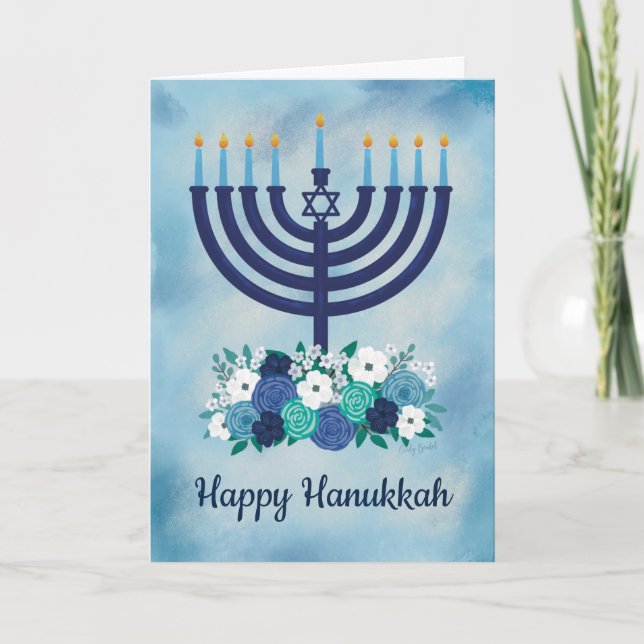 Feliz Hanukkah Floral Menorah Gracias Tarjeta (Anverso)