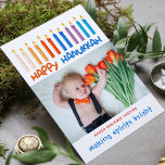 Feliz Hanukkah haciendo a los espíritus una foto b<br><div class="desc">Este diseño de vacaciones presenta velas coloridas con el texto moderno "Happy Hanukkah" en tipografía naranja y azul. Añada su foto y texto favoritos a continuación (mostrados aquí como un anuncio de nacimiento de Hanukkah con el nombre del bebé) y el texto "haciendo brillantes los espíritus". Lo inverso es un...</div>