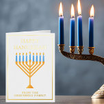 Feliz Hanukkah Menorah Personalizado elegante oro<br><div class="desc">Relieve metalizado de oro personalizado dulce Tarjeta Hanukkah feliz para una familia judía o un fiesta Chanukah con sinagoga. Personaliza con tu propio apellido o información de grupo bajo la menorah azul bonito.</div>