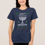 Feliz Hanukkah Menorah Suéter Feo<br><div class="desc">Este diseño de vacaciones presenta el texto "Hanukkah feliz" con un dabs unicornio acentuado con copos de nieve y pinos en un desagradable estilo de suéter. Perfecto para los fiestas de Hanukkah Ugly Sweater. #hanukkah #festivales #estacional #festive #moderno #trendy #moda #modaDeModaDeModaDeModa #estilo #diseño elegante #diseñador #trendy #trendy #trending #menorah #jewish...</div>