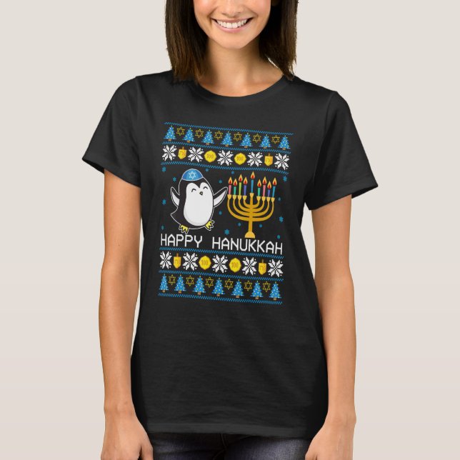 Feliz Hanukkah Pingüino Suéter Feo Judío Chanuka (Anverso)
