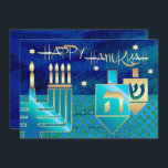 Feliz Hanukkah. Tarjetas de felicitación de person<br><div class="desc">¡Feliz Hanukkah! Menorah,  Relieve metalizado dorado Dreidels y Star of David Design con detalles de Relieve metalizado de oro Hanukkah Tarjetas de felicitación / Hanukkah Celebration Invitaciones con texto personalizado. Tarjetas y regalos coincidentes disponibles en la categoría Festividades Judías / Hanukkah de nuestra tienda.</div>