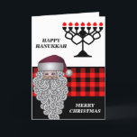 Feliz Hanukkah y Feliz Navidad<br><div class="desc">La tarjeta navideña Happy Hanukkah & Merry Christmas Card incluye fondo de manta de búfalo rojo Menorah y una linda cara de Santa. El interior de la tarjeta tiene una plantilla de mensaje personal. Una tarjeta de saludo perfecta para Hanukkah y Navidades. Haga clic en el botón de personalización para...</div>