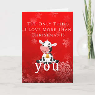 Feliz hermosa tarjeta de Navidad roja de bebé vaca