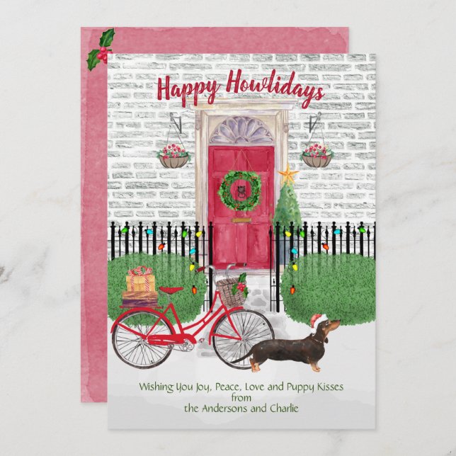 Feliz Holiday Brown Dachshund Bicicleta Puerta Roj (Anverso / Reverso)