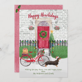Feliz Holiday Brown Dachshund Bicicleta Puerta Roj