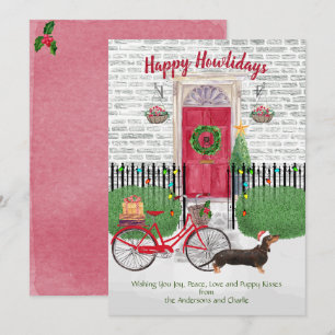 Feliz Holiday Brown Dachshund Bicicleta Puerta Roj