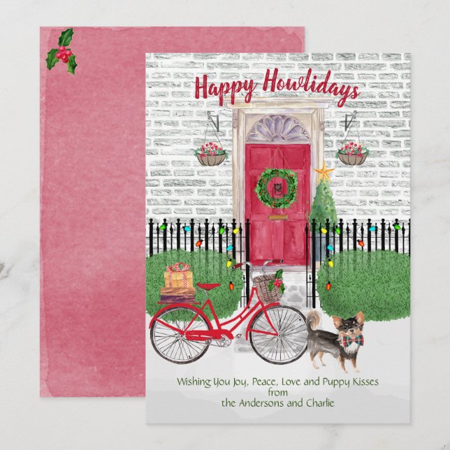 Feliz Holiday Log Haired Chihuahu Bicicleta Puerta (Anverso / Reverso)