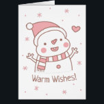 Feliz hombre de nieve con bufanda, cálidos deseos<br><div class="desc">Un lindo muñeco de nieve feliz con un gorra de Santa Claus y bufanda a rayas. El mensaje dice "¡Deseos cálidos!" Un doodle de Navidades felices al que no puedes evitar sonreír. El interior de la tarjeta incluye un doodle de mistletoe.</div>