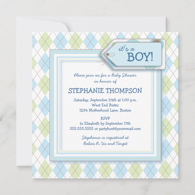 Feliz invitación a Baby Shower Blue Argyle Boy (Anverso)