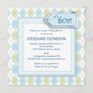 Feliz invitación a Baby Shower Blue Argyle Boy