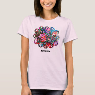 FELIZ linda camiseta de arte con rosas semi-abstra