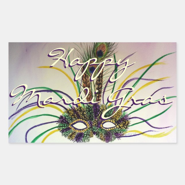 Feliz Mardi Gras Bead Throws Feather Mask Pegatina (Anverso)