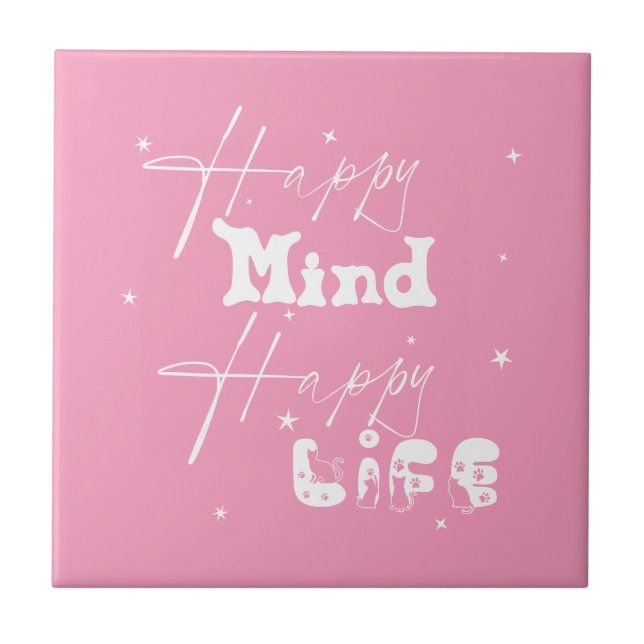 Feliz Mente Feliz Vida Azulejo Cerámico Mono (Frente)