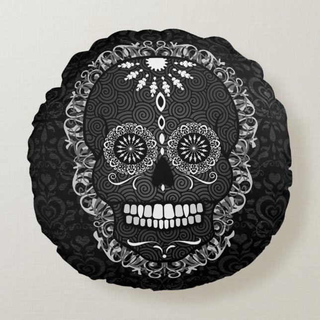Feliz Muertos - almohada redonda de los cráneos (Anverso)