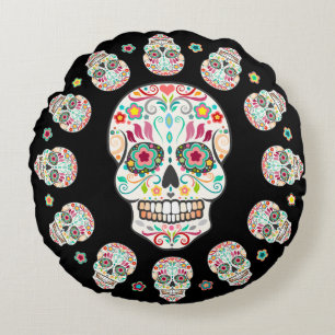Feliz Muertos - almohada redonda de los cráneos