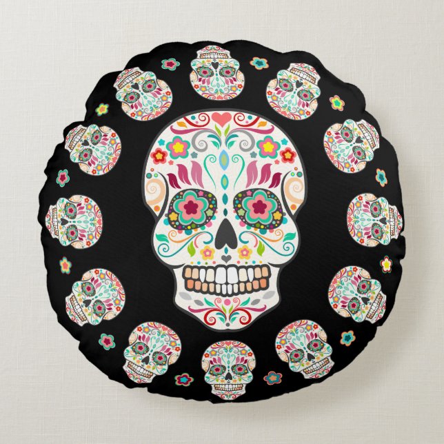 Feliz Muertos - almohada redonda de los cráneos (Anverso)