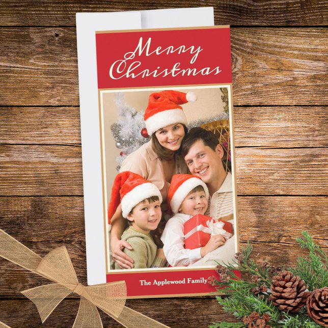 Feliz Navidad 1 Foto Elegante Dorado Falso (A rustic Christmas card in red, faux gold and cream, to personalize with a photo and name(s))