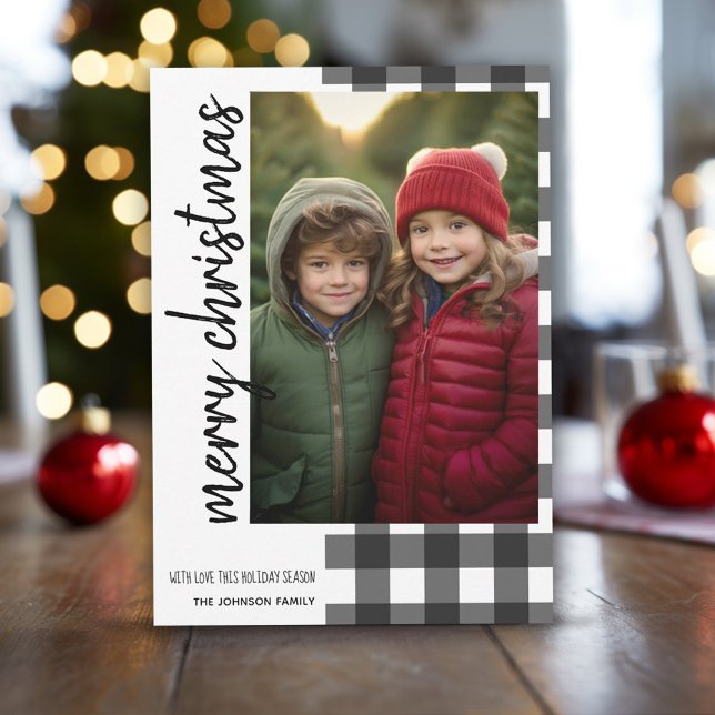 Feliz Navidad 1 foto Placa de búfalo negro blanco (Buffalo Plaid in white and black with 1 photo - online christmas card)