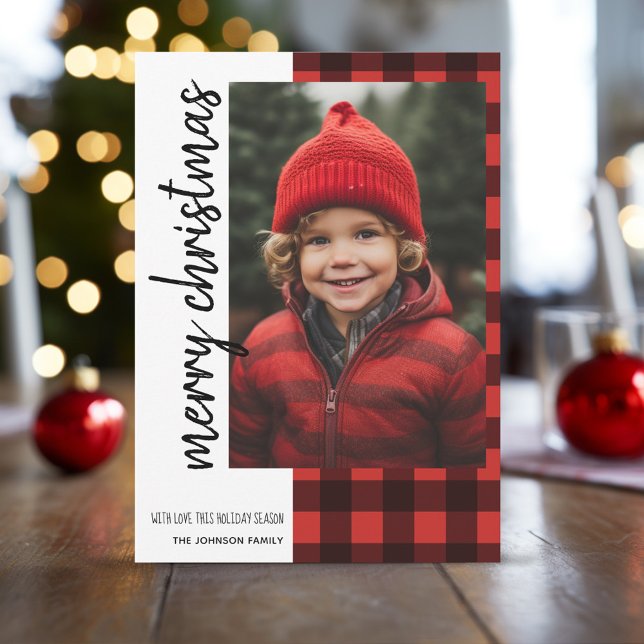 Feliz Navidad 1 Foto Red Black Buffalo Plantado (Buffalo Plaid Pattern Christmas Card with One Photo)