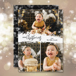 Feliz Navidad 3 Collage de fotos<br><div class="desc">Las tarjetas de vacaciones de Navidades multifotográficos muestran Feliz Navidad con letras de moda sobre un chorro de nieve en el medio. Sólo tienes que subir tres fotos y añadir tu saludo familiar y nombres en la parte de atrás. *CAMBIAR el color de la parte posterior con nuestra herramienta de...</div>