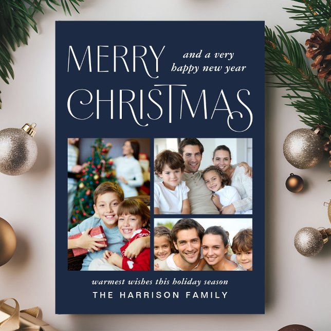 Feliz Navidad 3 Foto Azul (This holiday season, let your family's smiles and heartwarming memories shine on our 3 photo card)