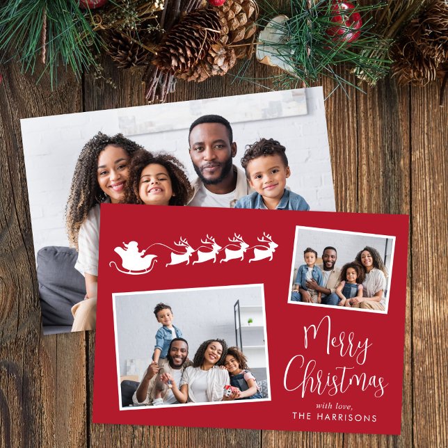 Feliz Navidad 3 Foto Trineo de Santa (Share the love and warmth of the holiday season with this personalized photo Christmas card)