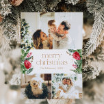 Feliz Navidad 3 Foto Verdor Botánico de Invierno<br><div class="desc">Esta colección cuenta con flores de color agua rojo,  bayas y vegetación de invierno con tipografía moderna y elegante,  con un patrón botánico de invierno.</div>